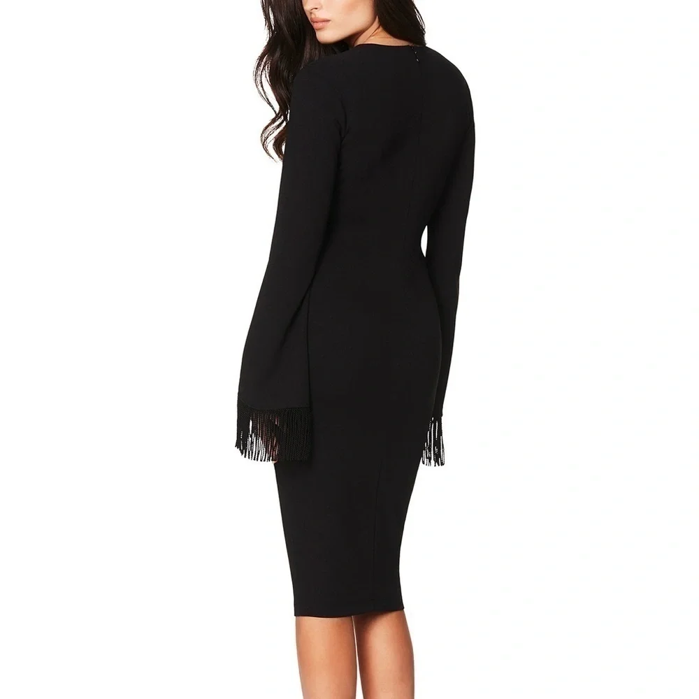 NOOKIE Iris Long Sleeve Black Midi Dress Size XS NWT Fringe Bell Sleeve